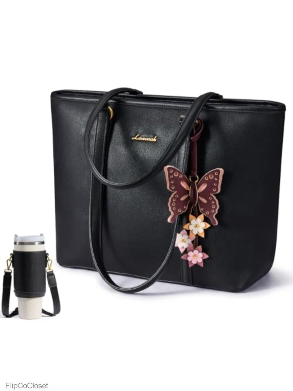 Faux Leather Tote Handbag with Detachable Butterfly Pendant